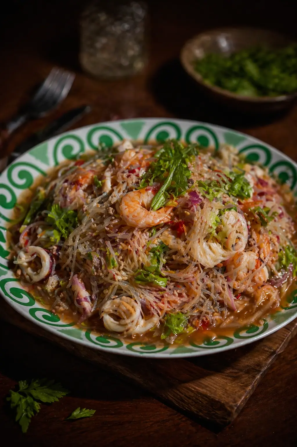 Noodles thailandesi con gamberi in luce editoriale
